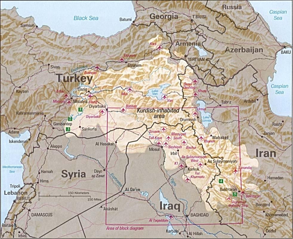Map of Kurdish-inhabited areas across the Middle East, illustrating the spatial reality of the world's largest stateless nation spread across multiple sovereign borders.