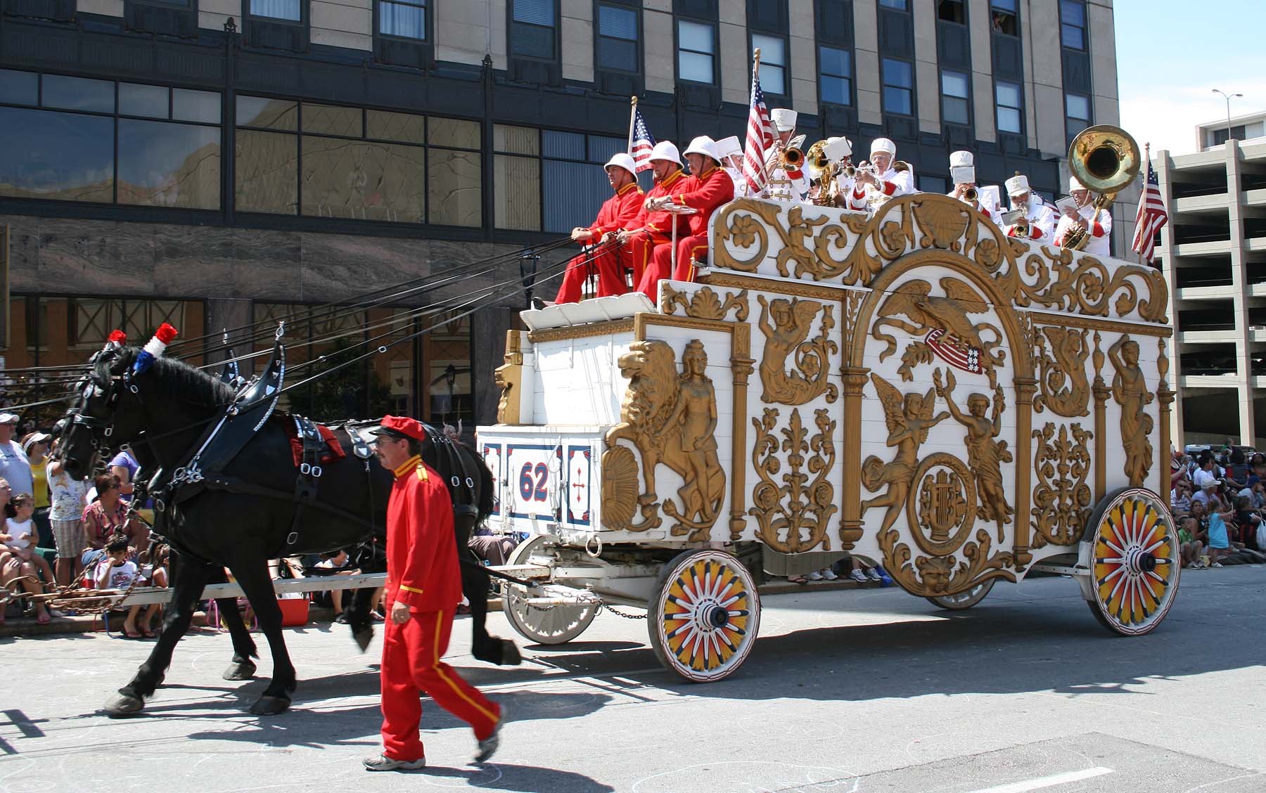 A 19th-century circus bandwagon. The logical fallacy and persuasive technique take their name from the literal act of "jumping on the bandwagon" to join a popular moving crowd.