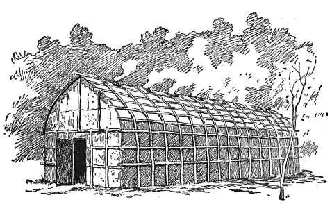 A traditional Haudenosaunee longhouse. The structure served as both a practical multi-family dwelling and the central political symbol of the Iroquois Confederacy.