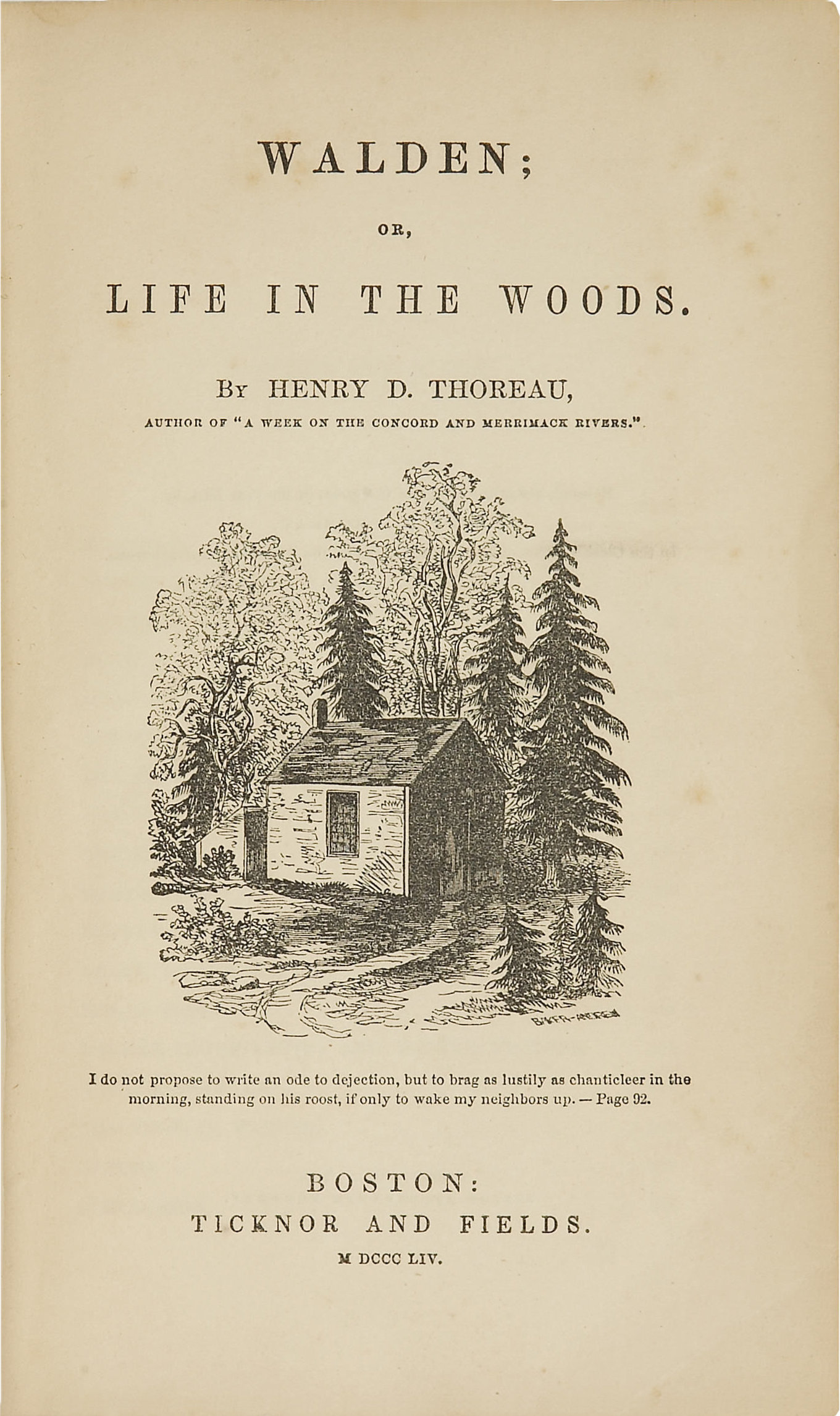 Title page of the first edition of Henry David Thoreau's "Walden" (1854), a foundational text of the Transcendentalist movement.