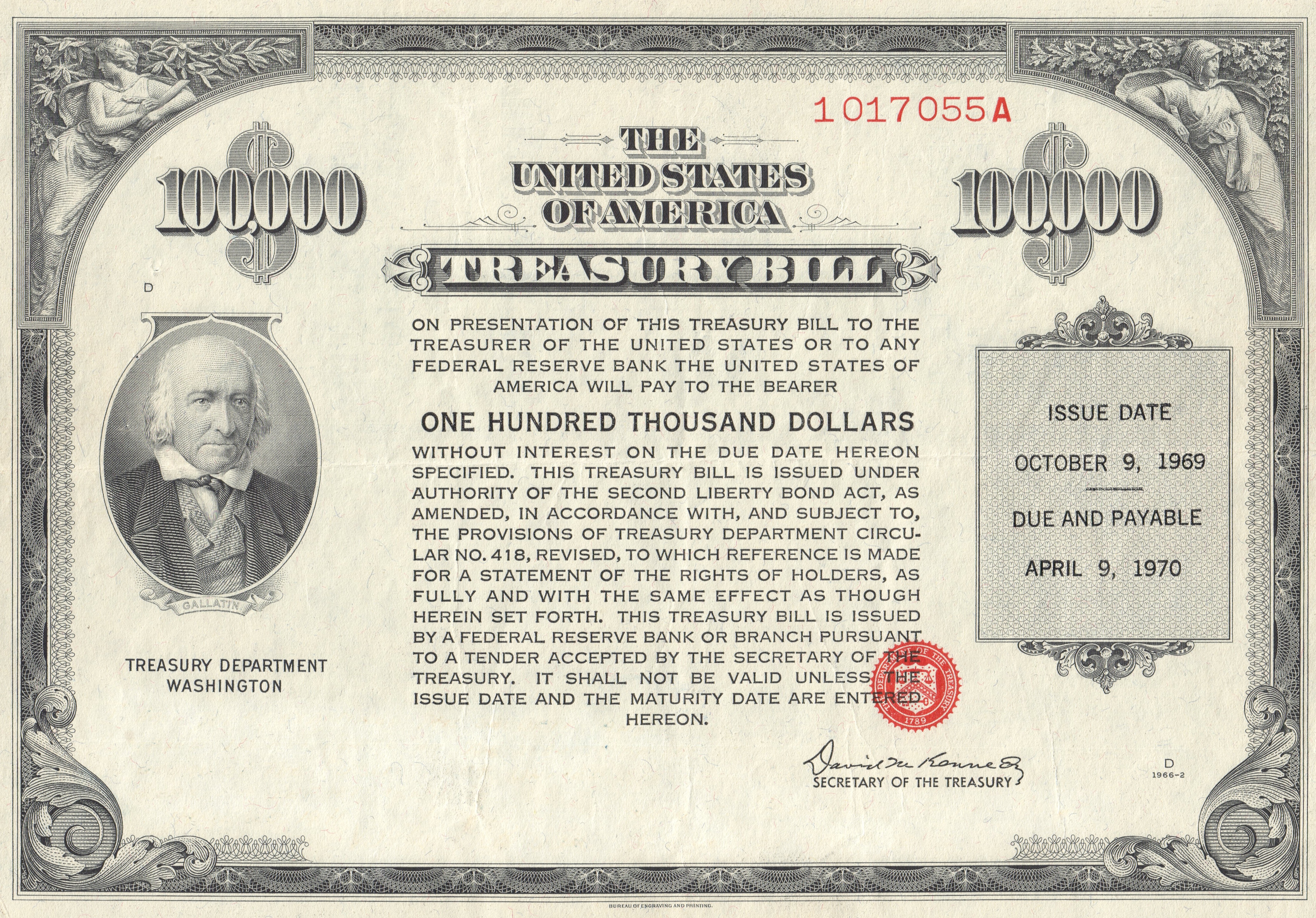 U.S. Treasury securities, like this historic $100,000 Treasury Bill, carry minimal default risk and are therefore exempt from Regulation T initial margin limits.