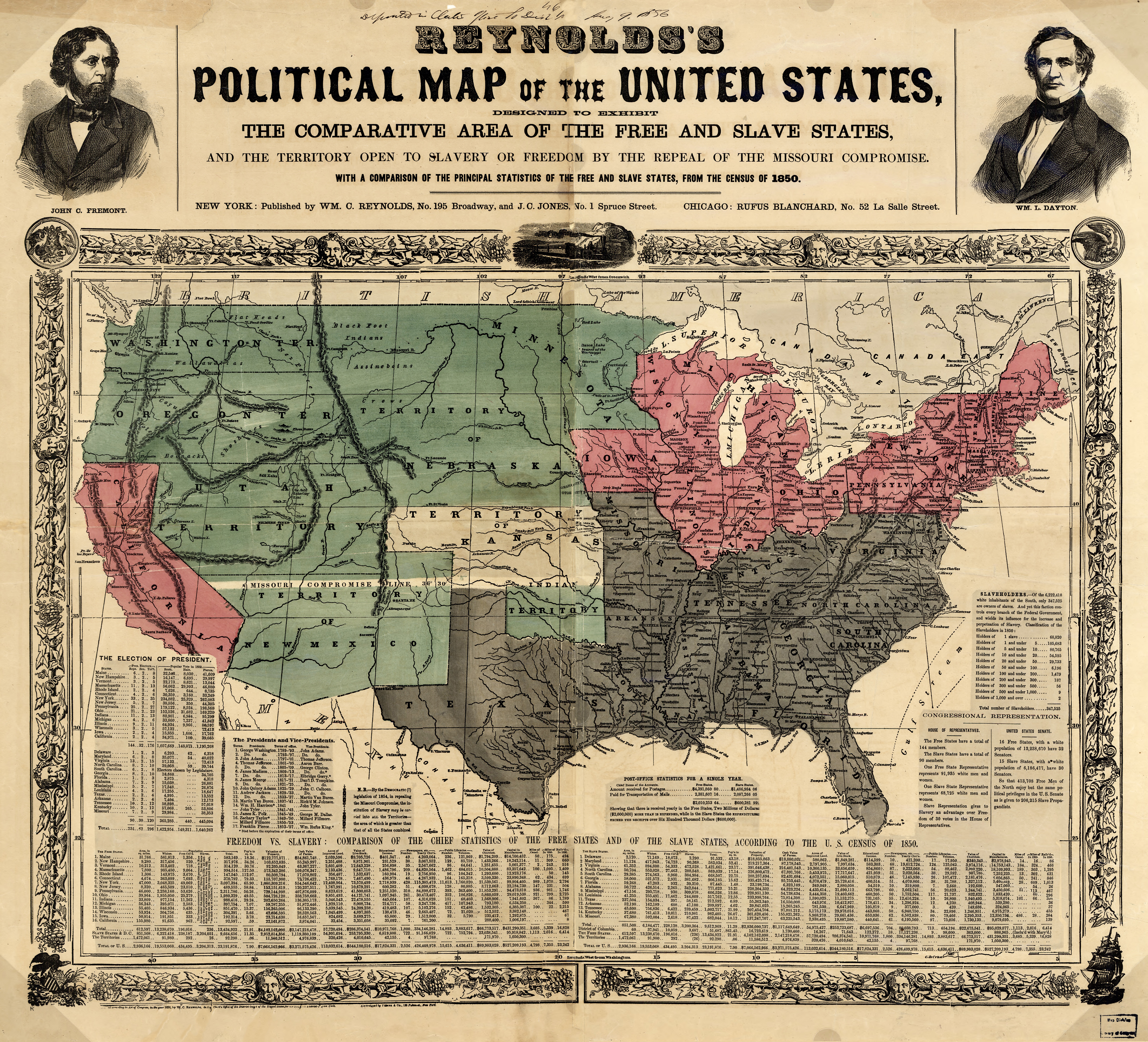 An 1856 political map showing the free states, slave states, and the contested western territories (like Kansas) where the expansion of slavery was fiercely debated and fought over.