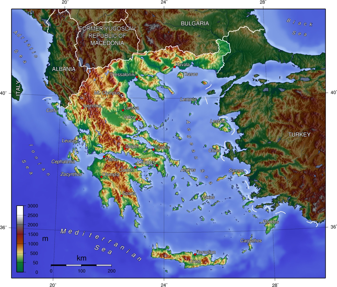 A topographical map of Greece reveals how its highly mountainous terrain naturally fragmented the region into isolated, independent city-states.