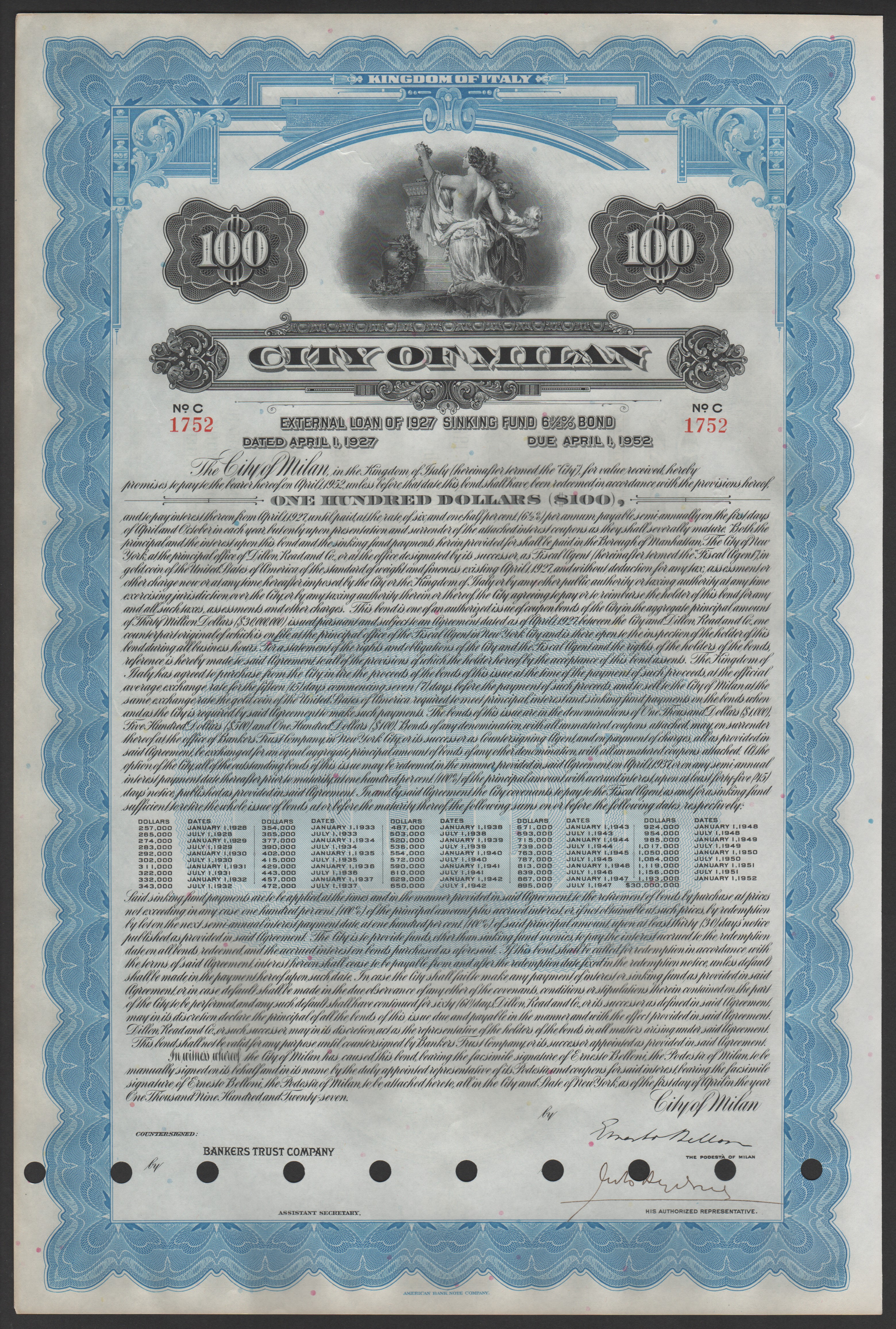 A 1927 sinking fund bond issued by the City of Milan. A sinking fund covenant structurally mitigates risk by requiring the issuer to systematically set aside funds to retire the debt early.