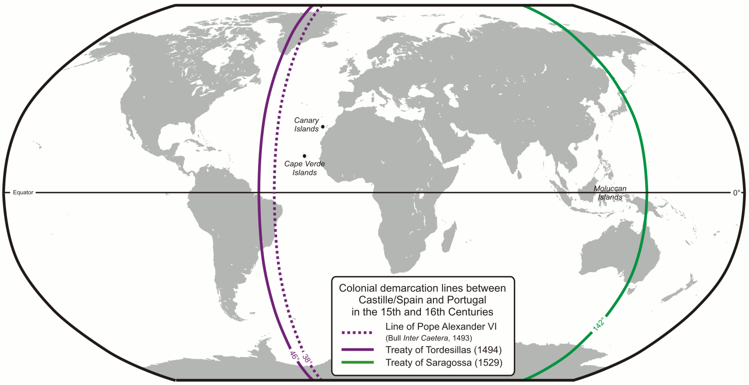 Map showing the demarcation lines established by the 1494 Treaty of Tordesillas (purple) and the 1529 Treaty of Zaragoza (green), which divided the unexplored world into exclusive zones of conquest for the Spanish and Portuguese empires.