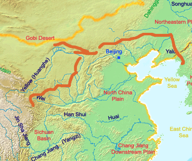 Map showing the extent of the Great Wall constructed during the Qin Dynasty, a massive defensive infrastructure project built to repel northern nomadic invasions.