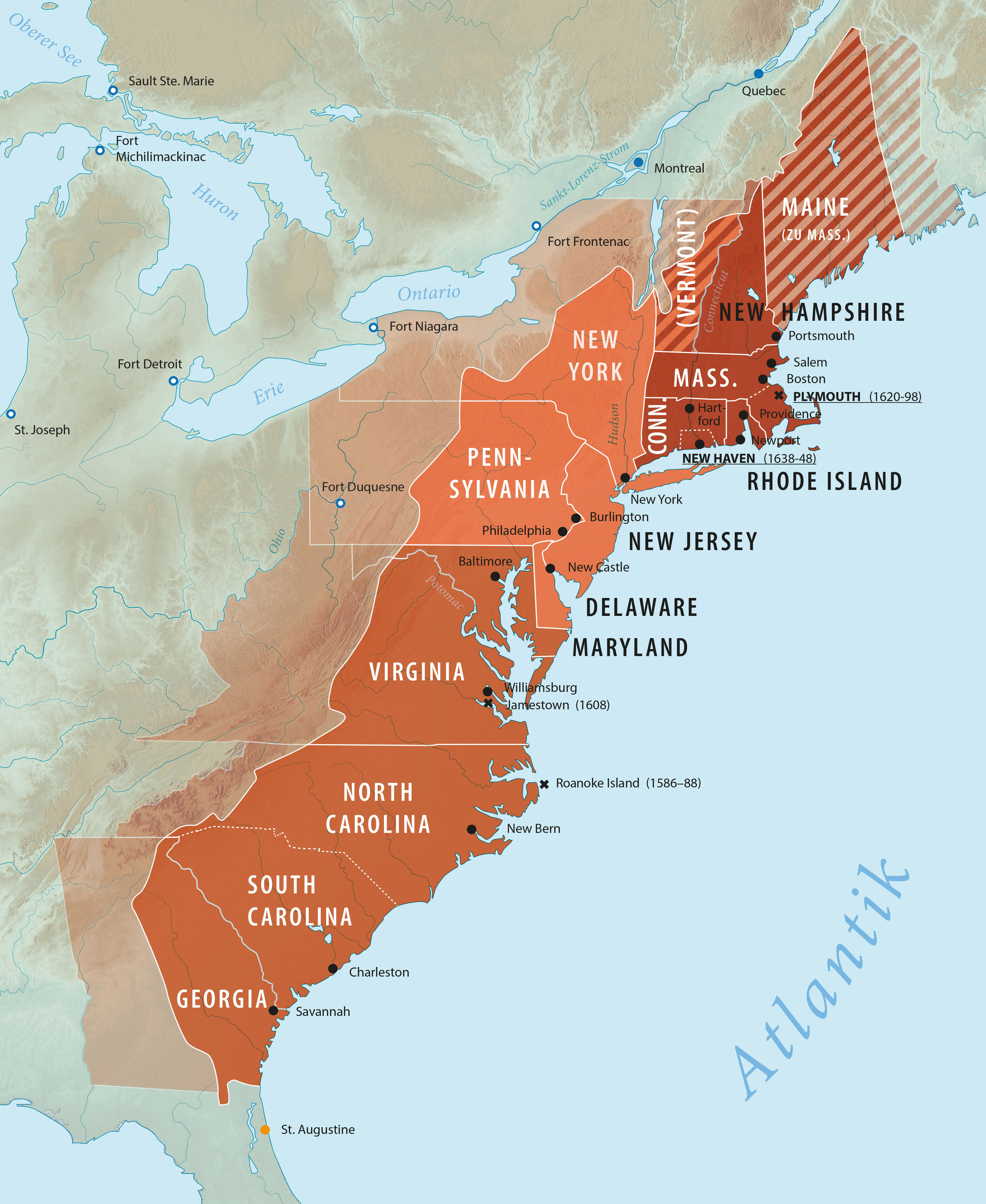 A map of the original Thirteen Colonies color-coded by region: New England (dark red), the Middle Colonies (orange), and the Southern Colonies (brown).