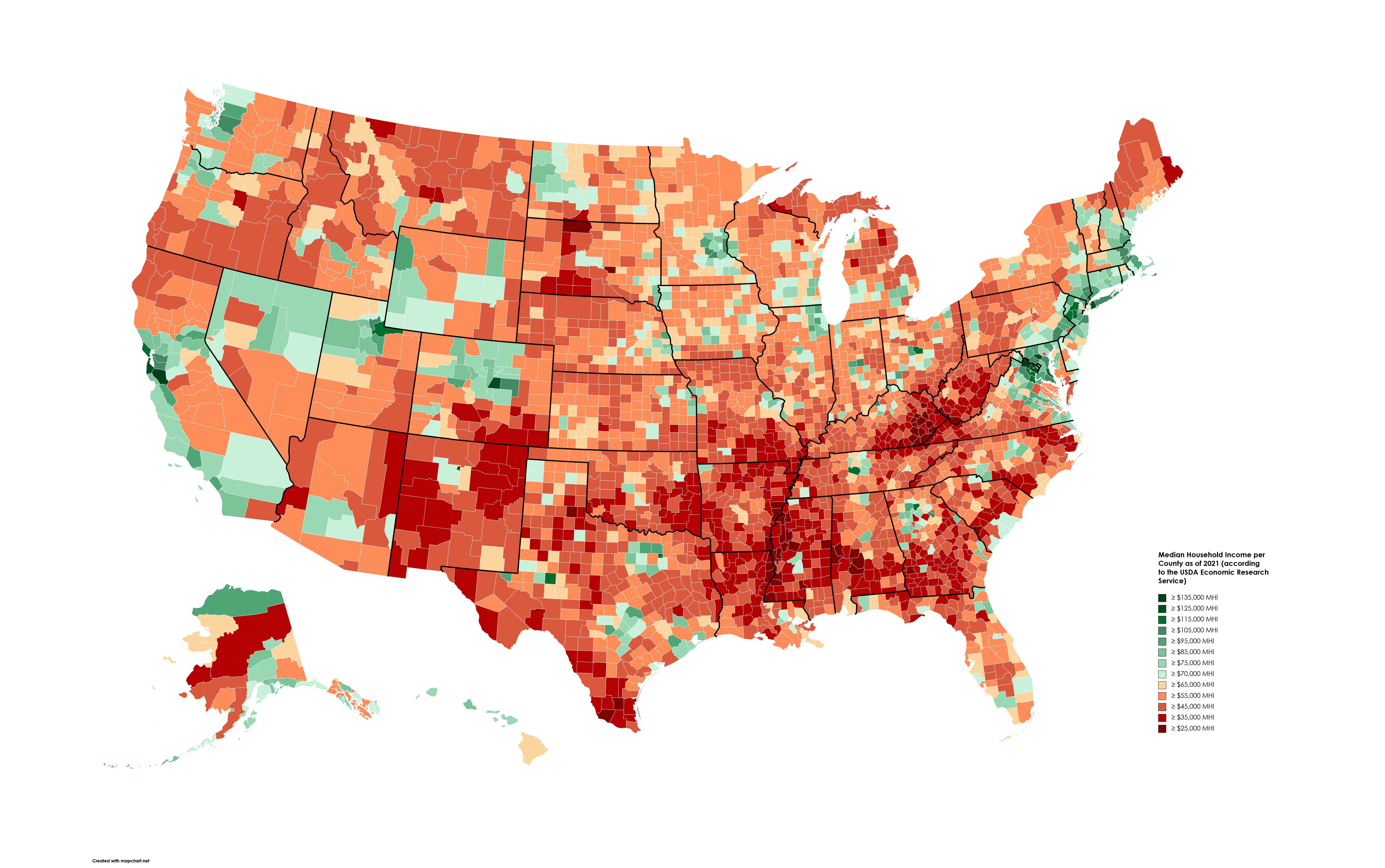 A map of median household income by U.S. county. The Rural Housing Service (RHS) restricts its 100 percent financing programs to borrowers falling within specific low-to-moderate income brackets within designated rural geographies.