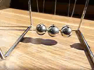 In a Newton's cradle, kinetic energy transfers horizontally through physical impact. However, the system is not perfectly efficient and eventually stops due to the invisible "tax" of energy dissipating into the surrounding environment as sound and heat.