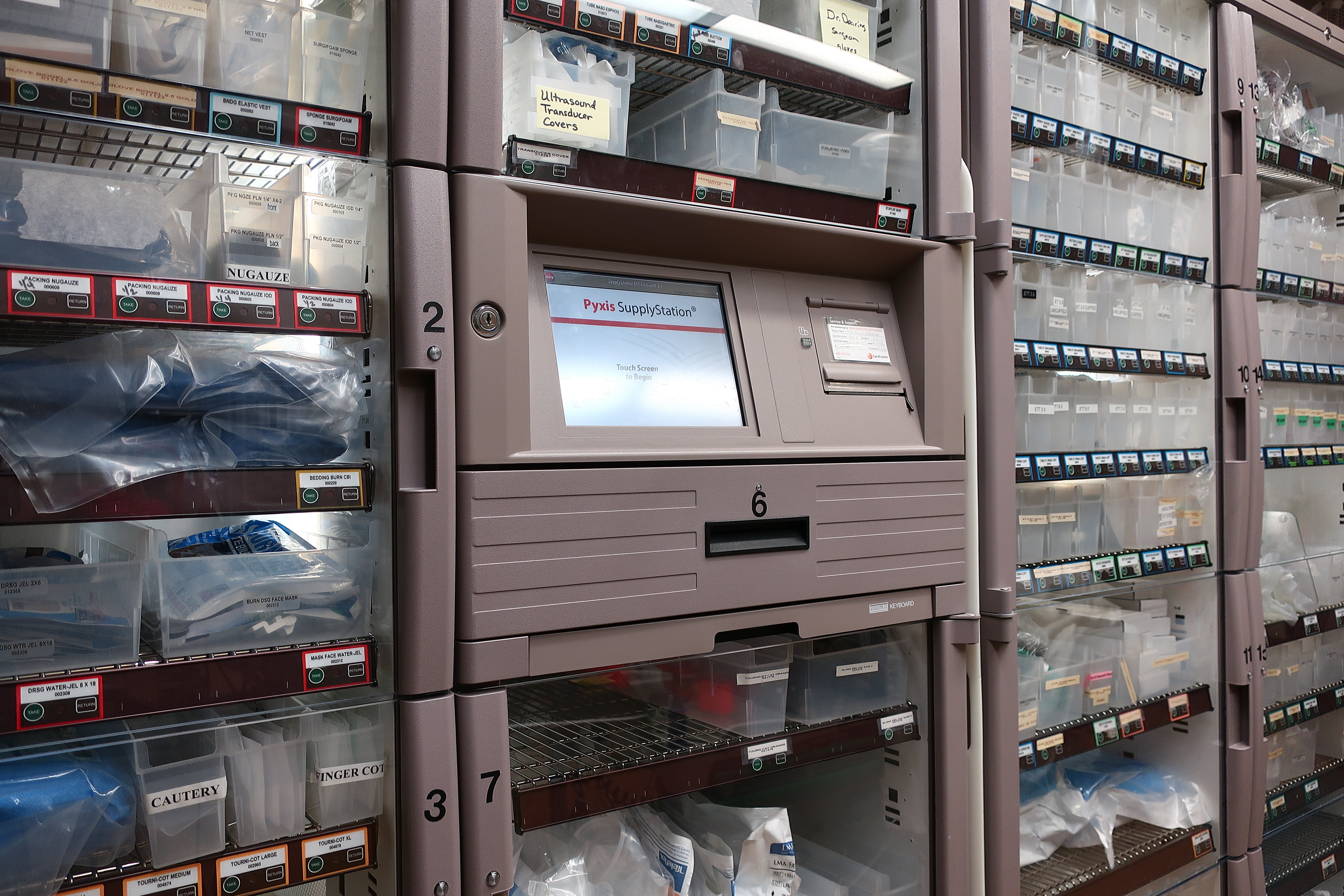 Heavy automated medication dispensing cabinets, such as this Pyxis machine, can be repurposed as highly effective door barricades during an active shooter lockdown.