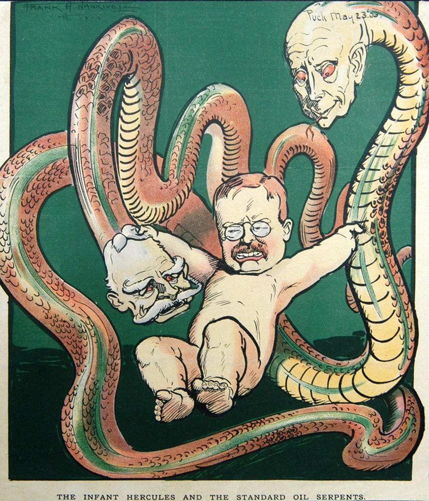 President Theodore Roosevelt depicted as an infant Hercules wrestling the serpents of Standard Oil, representing his "Trust Buster" crusade to break up corporate monopolies and regulate the economy.