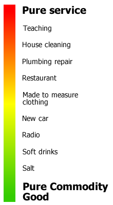 The service-goods continuum demonstrates that economic products often exist on a spectrum, combining both tangible physical goods and intangible services.