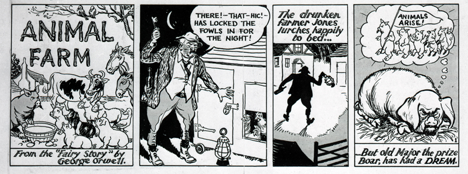 In George Orwell's Animal Farm, the pigs are anthropomorphized not merely by exhibiting human characteristics like greed, but by physically literalizing human actions, such as wearing clothes and walking upright.