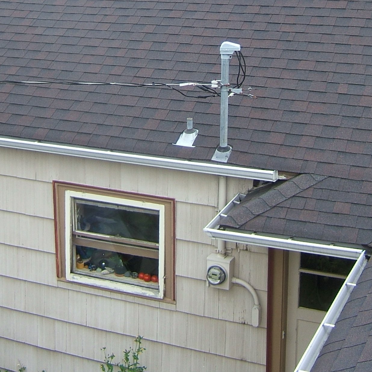 A residential service drop routing power from the utility pole down to the electric meter. The meter serves as the literal demarcation line between public utility infrastructure and private landowner liability.