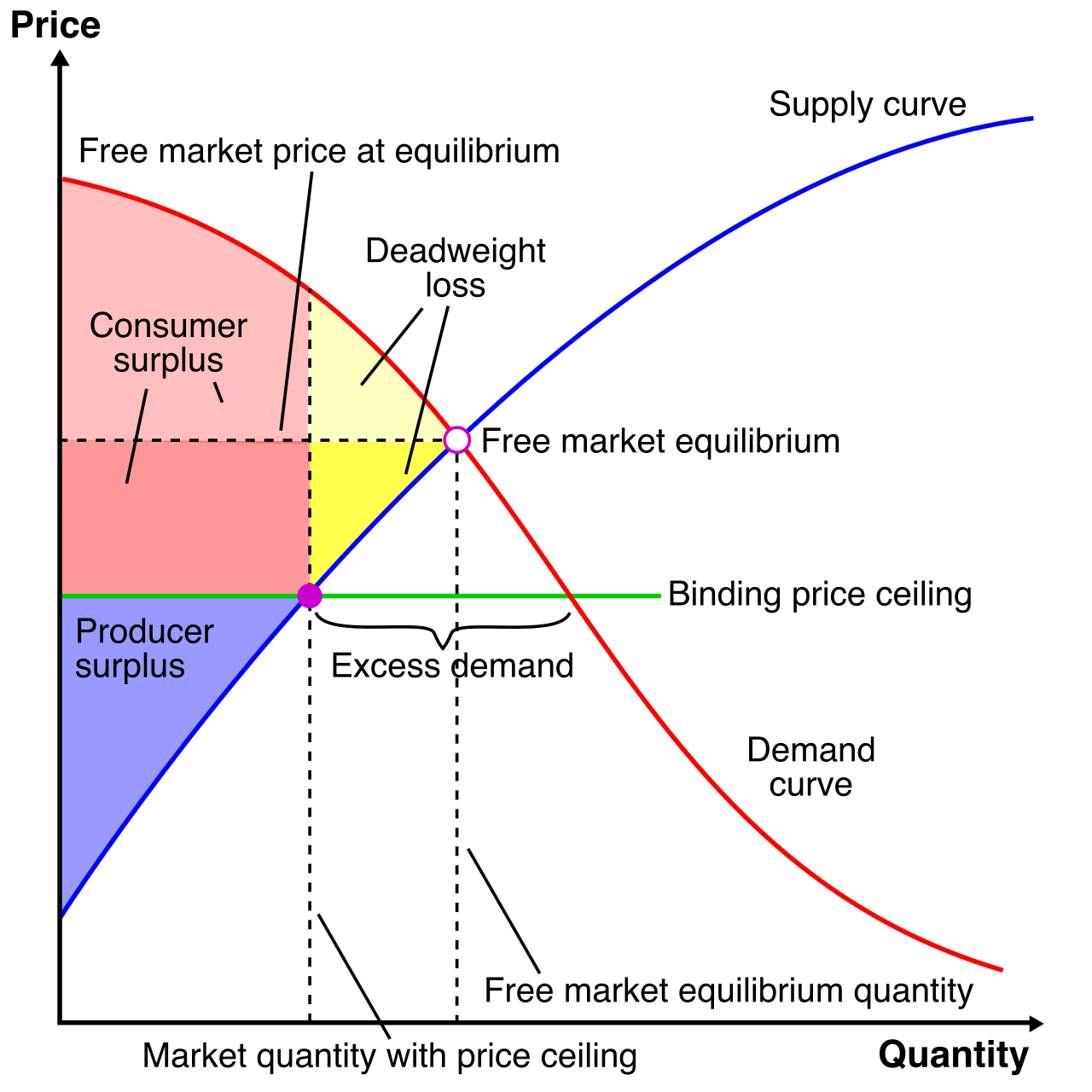 A binding price ceiling set below the equilibrium price creates a market shortage by artificially inflating demand while suppressing supply.