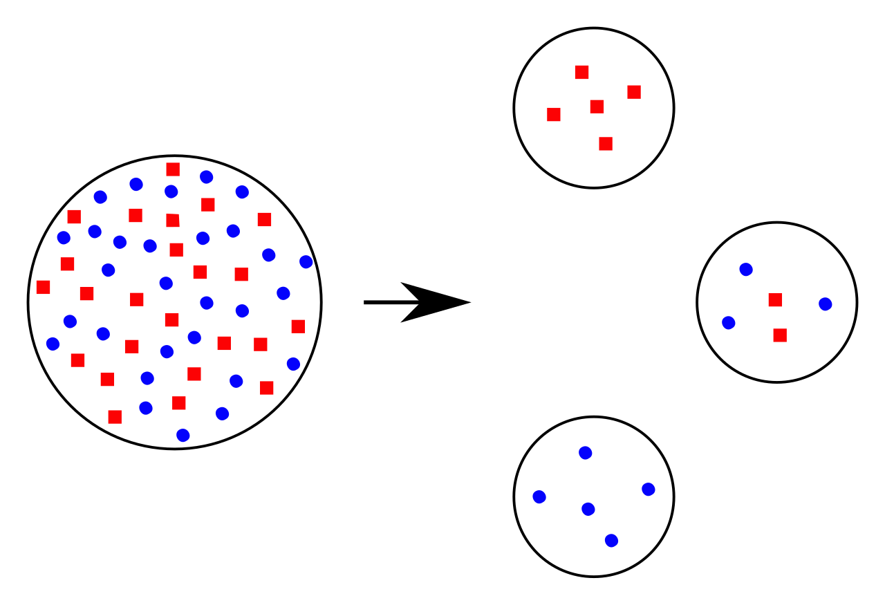 In the founder effect, a small number of individuals break away to establish a new population, carrying only a random, limited fraction of the original population's genetic diversity.