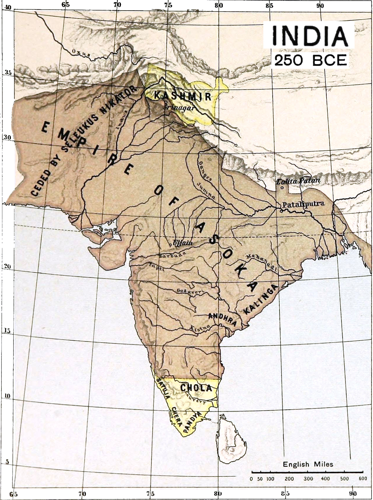 The territorial extent of the Mauryan Empire circa 250 BCE, representing the first major political unification of the Indian subcontinent.