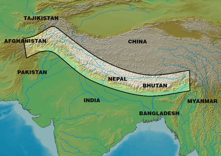 A topographical map of the Himalayas, illustrating the massive natural barriers that isolated early Chinese civilization from outside influence.