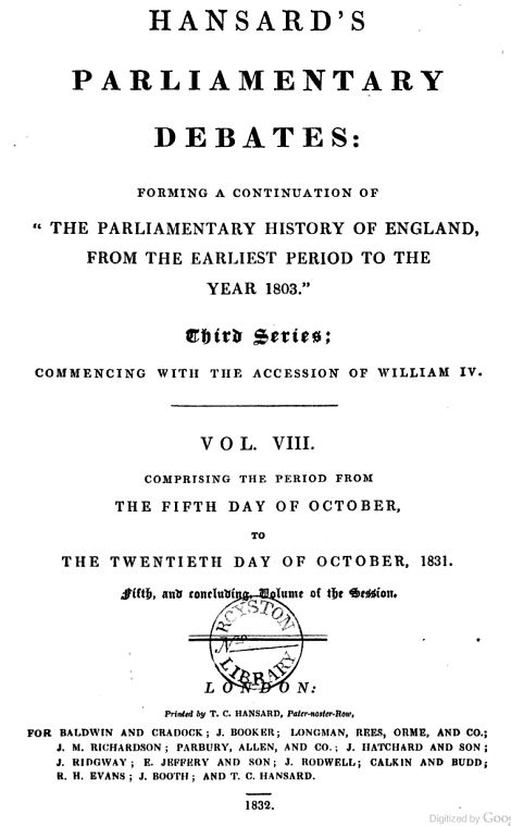 Hansard's title page from 1832 - the official record of parliamentary debate that Pepper v Hart opened to courts as an aid to construction, but only through its narrow three-part gateway.