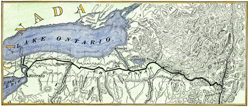 An 1840 map of the Erie Canal, which physically altered the economic geography of the United States by creating a direct, navigable waterway between the Atlantic Ocean and the Midwestern Great Lakes.