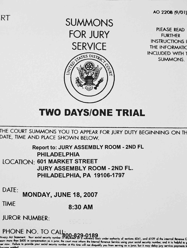 An official United States jury summons. Serving on a jury is a mandatory civic duty that ensures the constitutional right to a fair trial by a jury of peers can actually be executed.