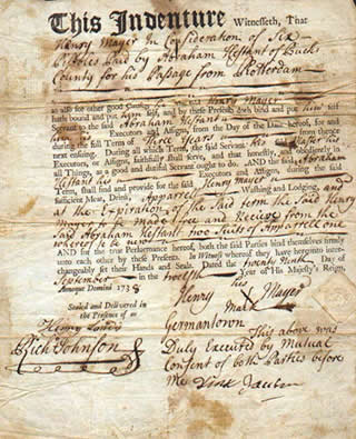 An 18th-century indentured servitude contract, legally binding an individual to unpaid labor for a set number of years.