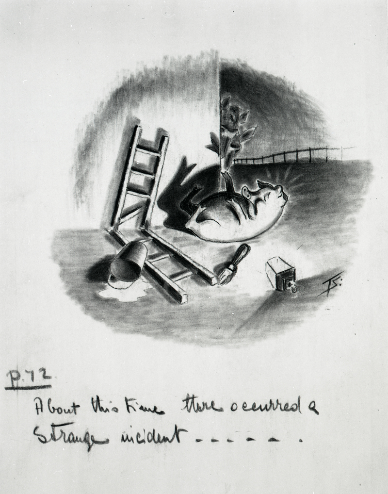 Anthropomorphism in action: a pig from George Orwell's Animal Farm exhibiting the human behavior of painting on a wall.