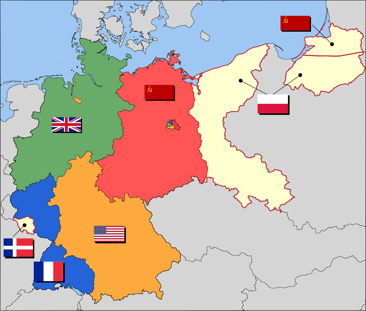 Map showing the division of Germany into American, British, French, and Soviet occupation zones following the 1945 Yalta Conference.