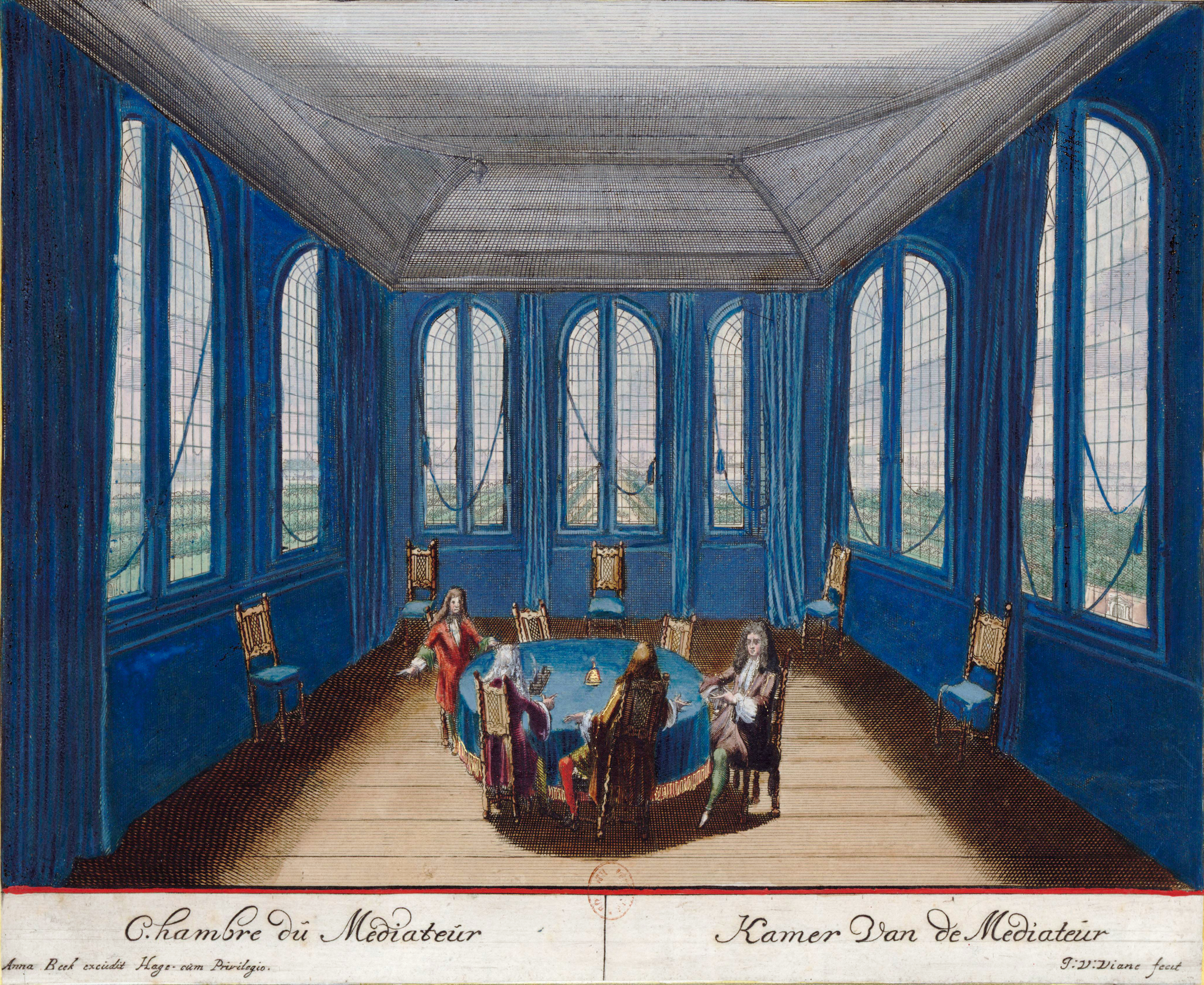 A mediator's chamber at Ryswick, 1697 — mediation has long relied on a neutral third party's room for confidential, without-prejudice discussion rather than a public courtroom.
