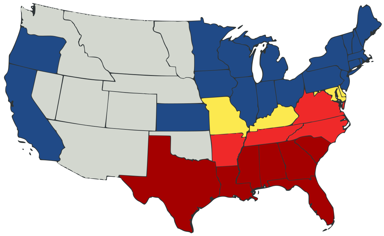 A map showing the secession of Southern states in 1860-1861. The Confederacy is shown in red, loyal Union free states in blue, and the divided border slave states in yellow.