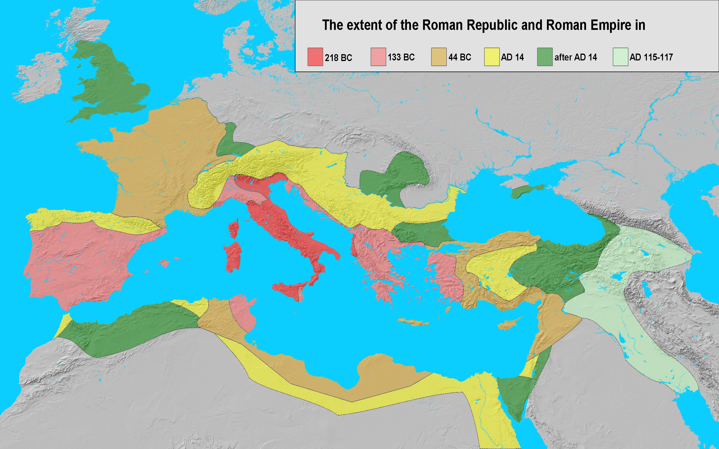 The expansion of the Roman Republic and Empire. Rome's central location on the Italian peninsula allowed it to project power across the entire Mediterranean basin.