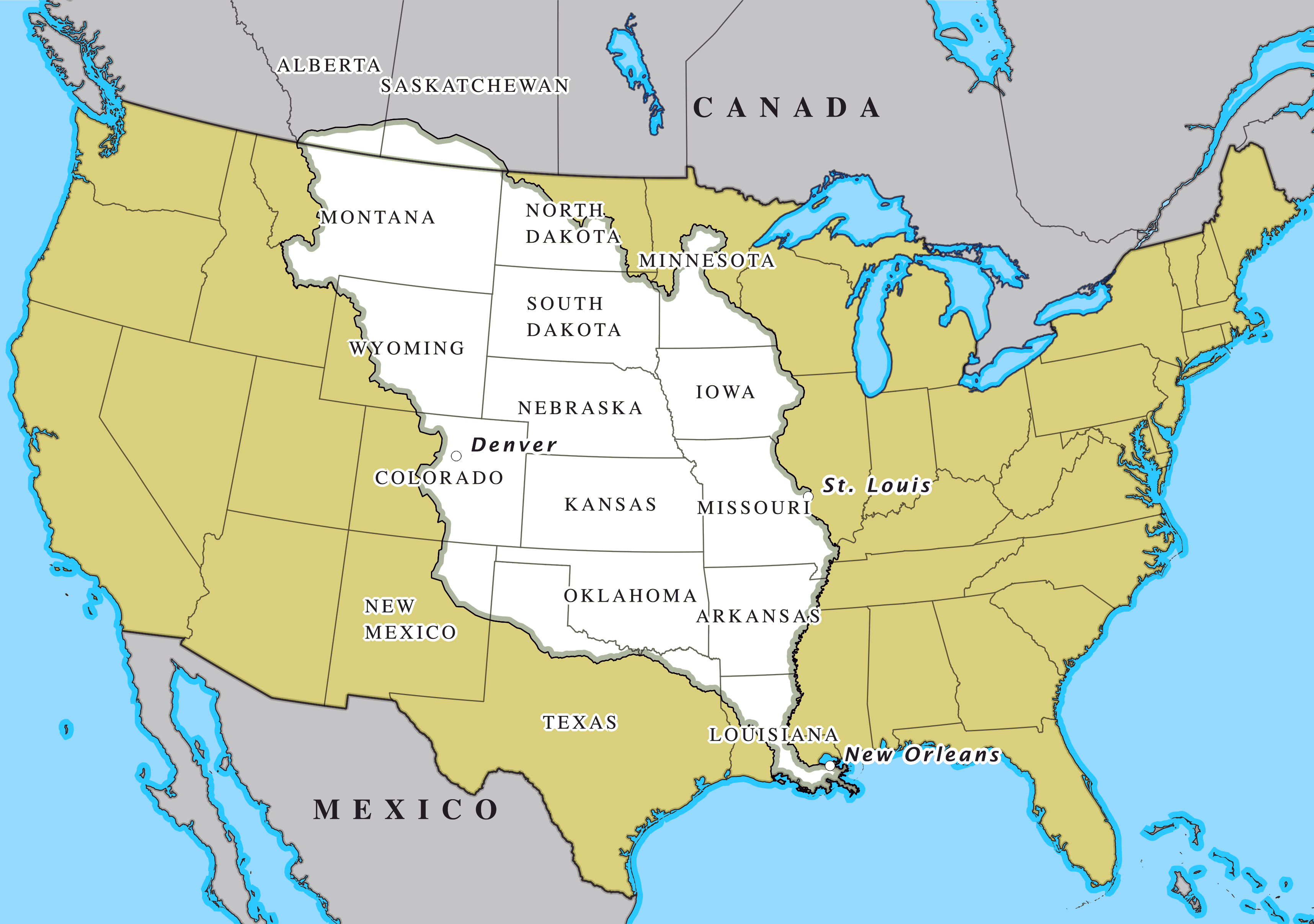 The 1803 Louisiana Purchase nearly doubled the physical footprint of the United States and secured exclusive control over the Mississippi River network, the continent's most critical artery for agricultural commerce.