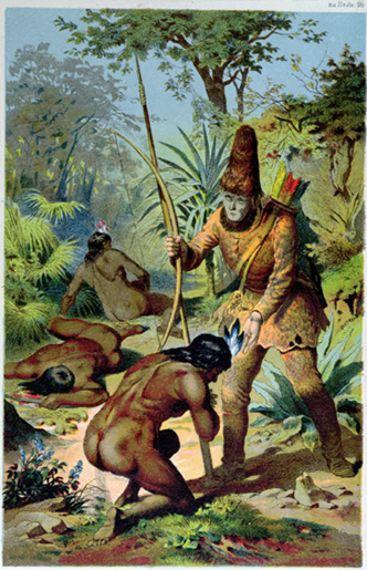 An illustration of Robinson Crusoe standing over a freed Friday, highlighting the colonialist hierarchies and mindset embedded in early 18th-century British literature.