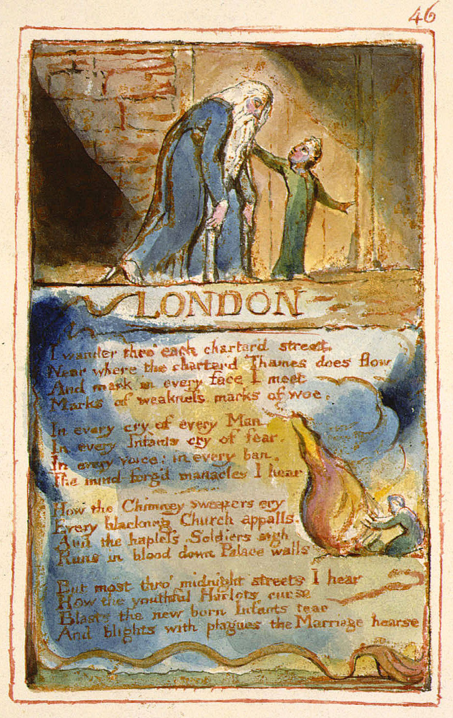 In William Blake's poem "London," the repetition of "In every" at the beginning of successive lines creates a chanting, claustrophobic momentum—a famous example of anaphora.
