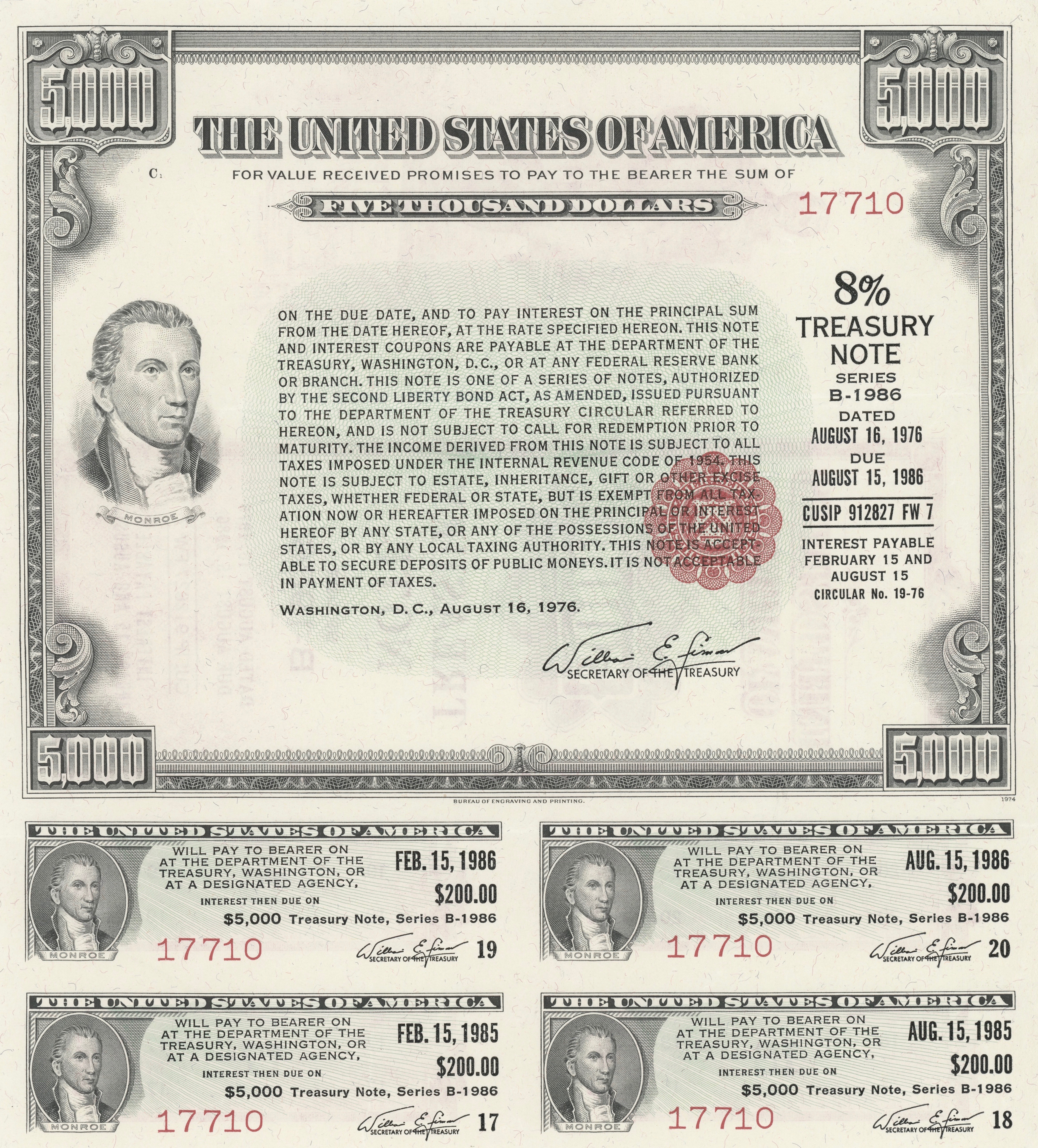 A 1976 U.S. Treasury Note. Because the federal government is considered a risk-free issuer, its debt securities are exempt from the costly and time-consuming SEC registration process.