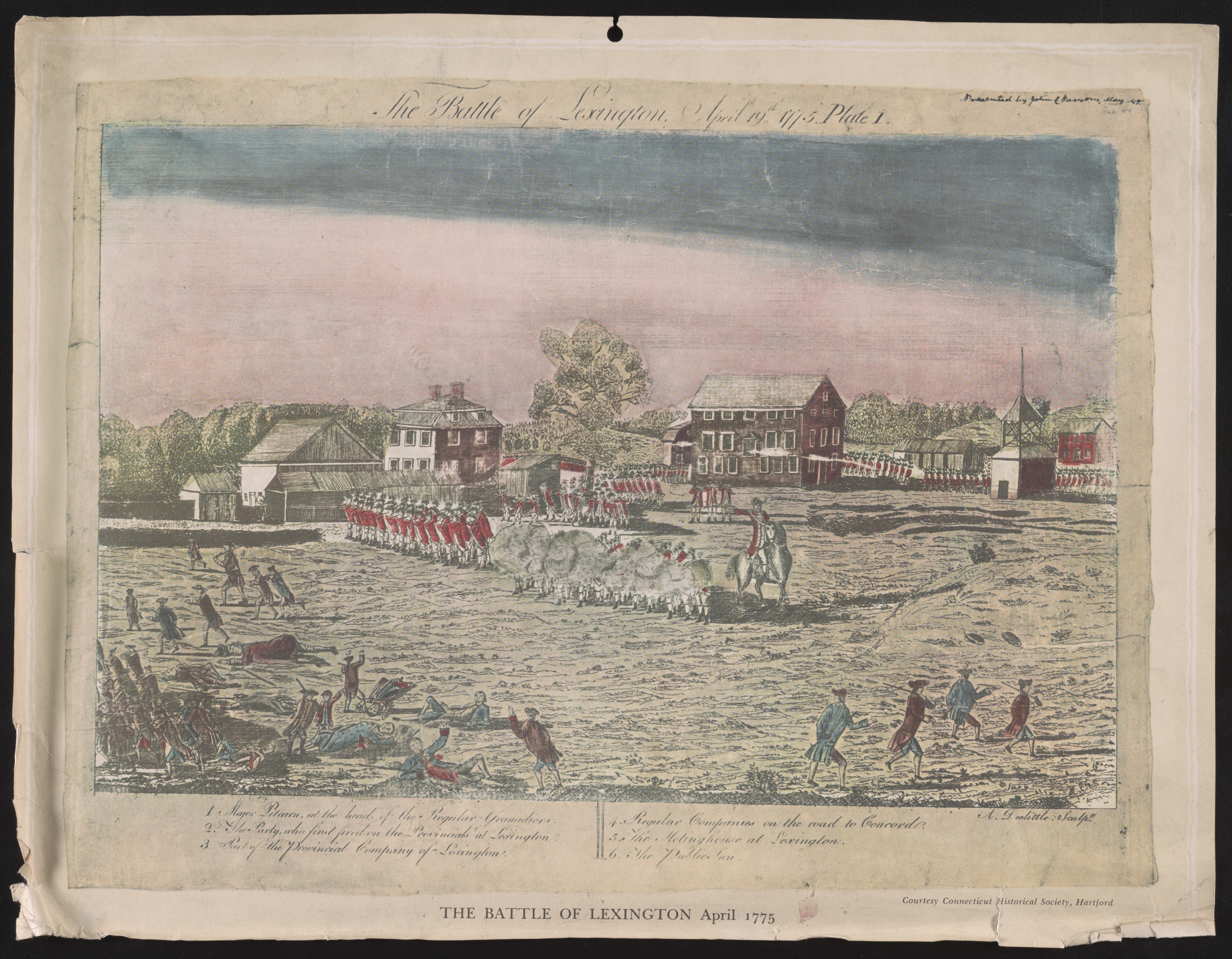 A 1775 engraving by Amos Doolittle illustrating the Battle of Lexington, the ignition point of the American Revolutionary War.