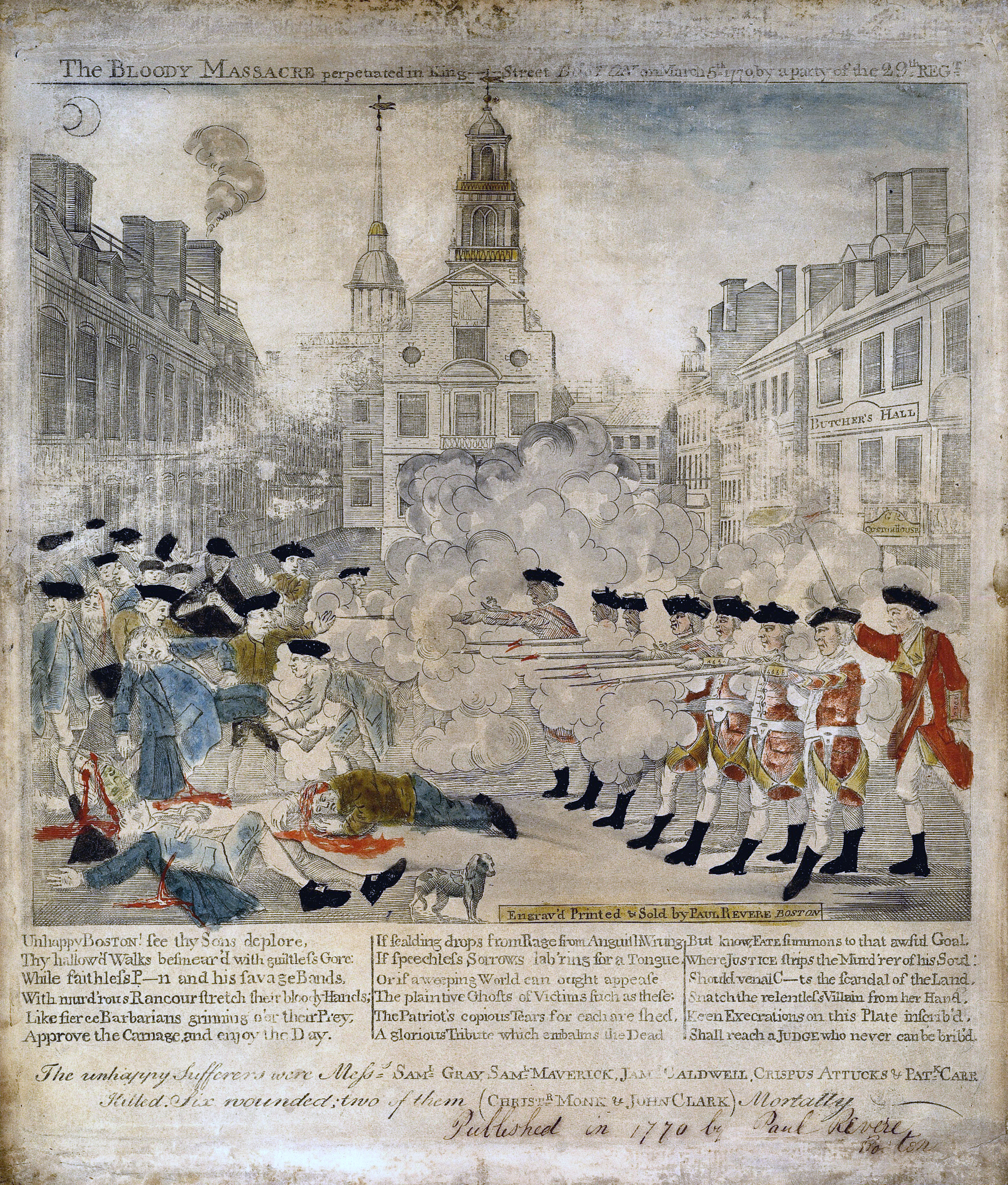 Paul Revere's famous 1770 engraving of the Boston Massacre. Highly sensationalized, it served as powerful anti-British propaganda to rally the colonies against British military occupation.