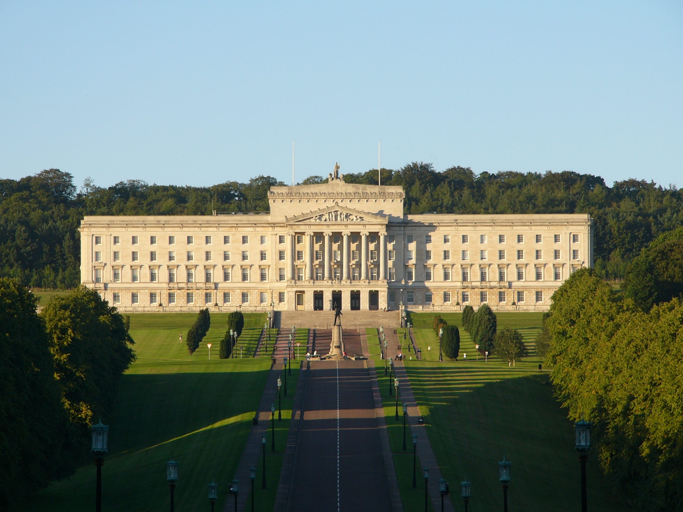 Parliament Buildings at Stormont, Belfast, seat of the Northern Ireland Assembly established under the Good Friday Agreement and the Northern Ireland Act 1998.