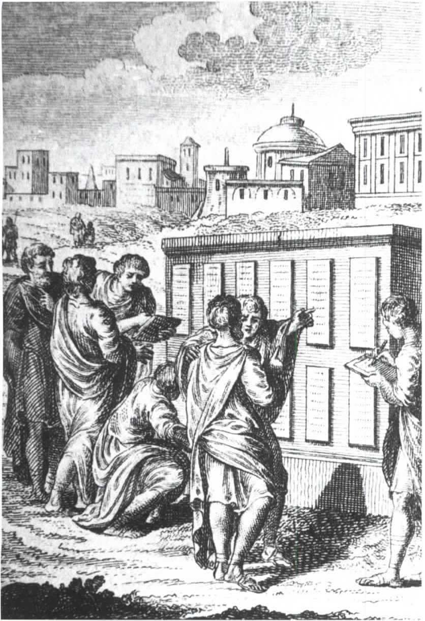 Roman citizens examining the Twelve Tables. These publicly displayed written laws were a critical concession to the plebeian class to prevent arbitrary rulings by patrician magistrates.
