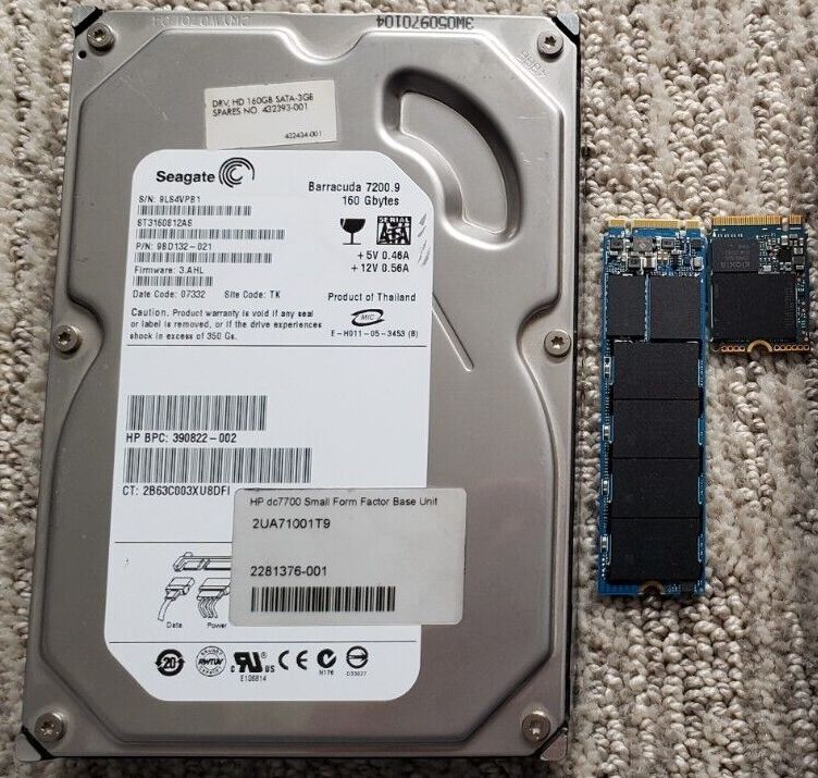 Physical hard disk drives (left) and modern solid-state drives (right). Amazon EBS abstracts these underlying physical hardware types into distinct, provisionable network-attached volumes.