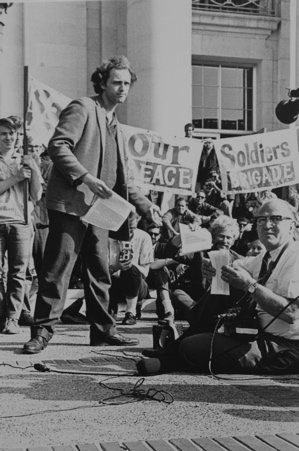 Student activist Mario Savio leading a rally on the steps of Sproul Hall at UC Berkeley, the epicenter of the Free Speech Movement.