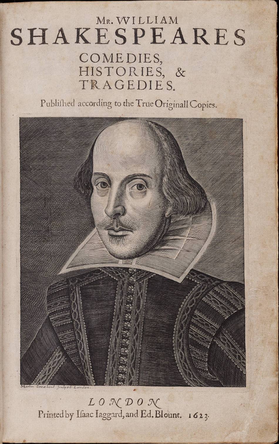 The title page of Shakespeare's First Folio (1623), a primary text for studying the syntax, vocabulary, and conventions of Early Modern English.