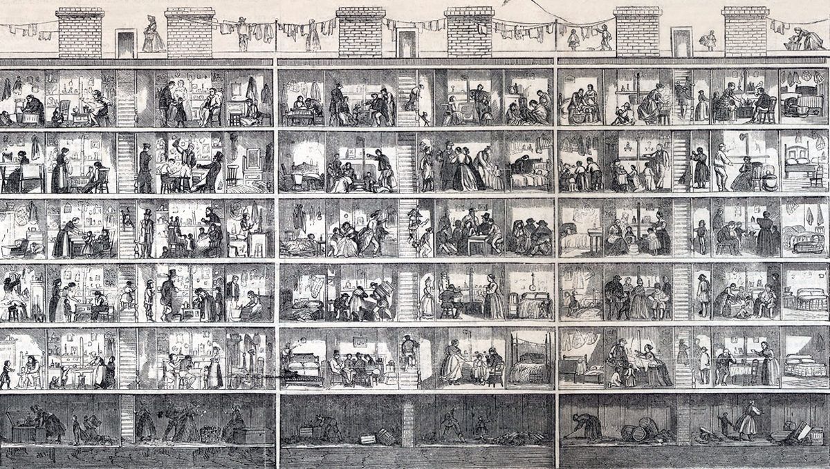 An 1865 sectional view of a New York tenement house, revealing the cramped, overcrowded conditions and lack of adequate indoor space for the families living inside.