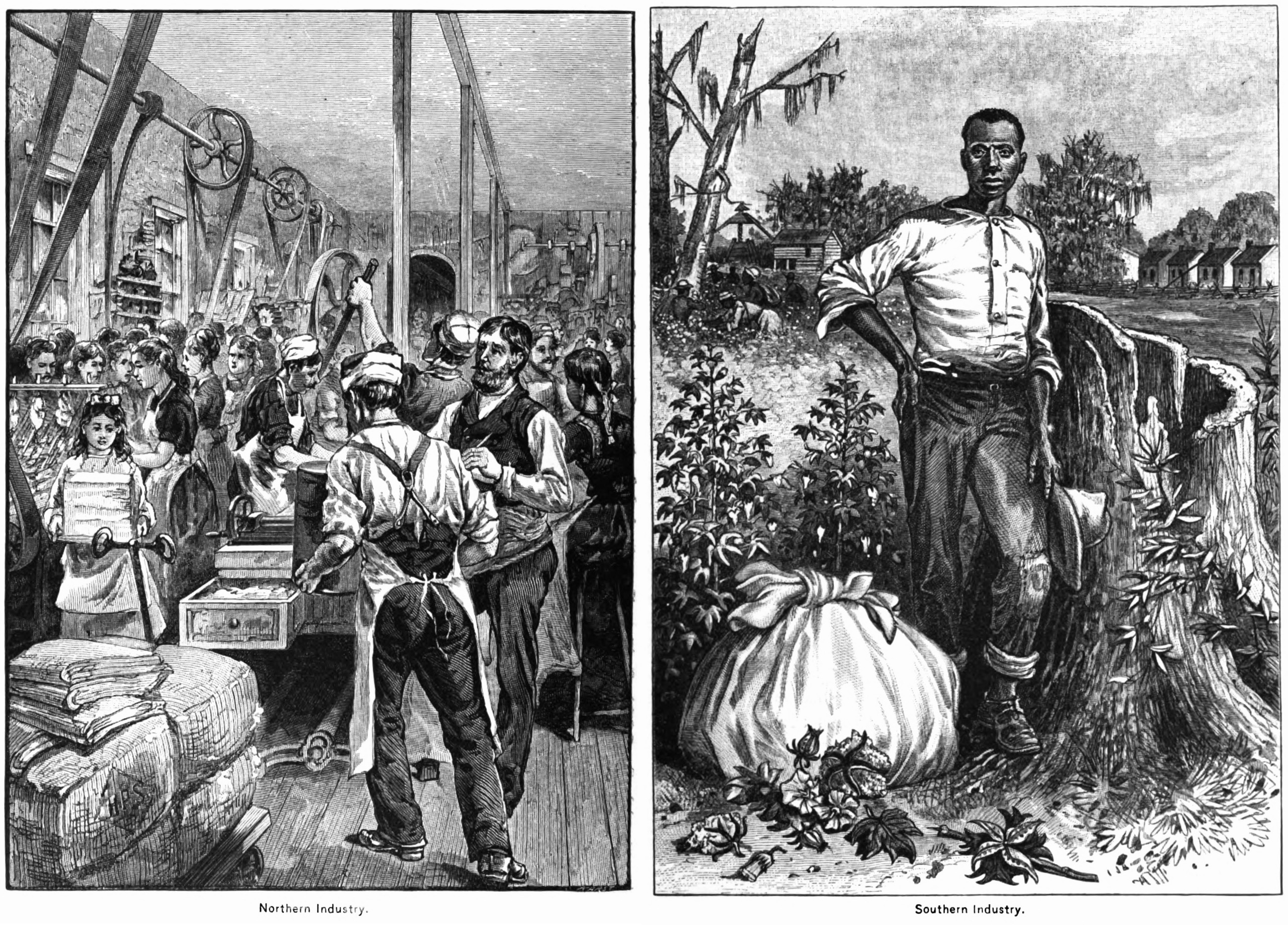 An illustration contrasting the industrialized Northern economy, defined by factories and mills, with the agrarian, slave-dependent Southern economy prior to the Civil War.