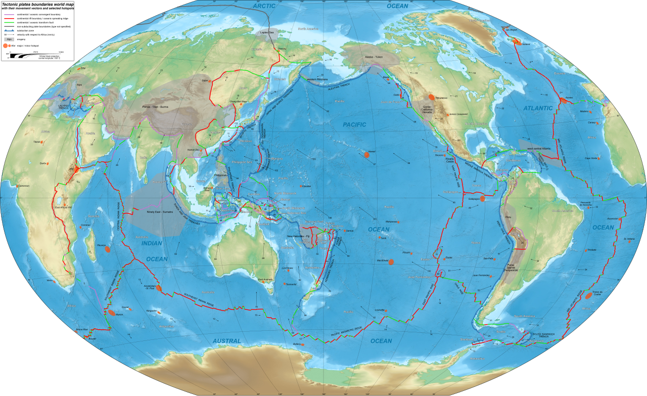 This map shows Earth's tectonic plates and their directions of movement. These massive pieces of the crust creep along imperceptibly, driving incredibly slow but powerful geological changes over eons.