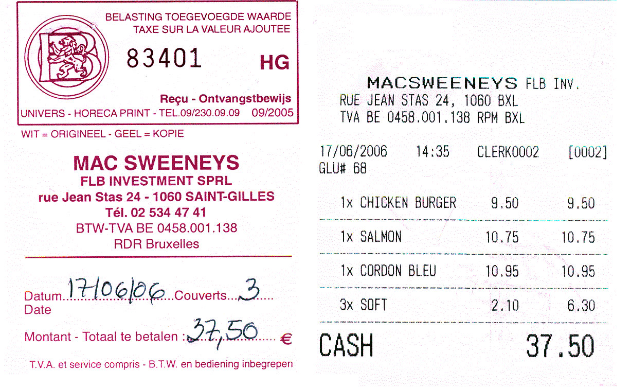 A retail receipt with VAT itemised separately from the price — the same principle by which a solicitor's bill separates profit costs, VAT, and disbursements into distinct line items.