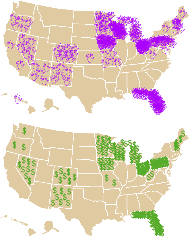 Maps showing campaign visits and advertising spending during a U.S. presidential election, highlighting how the winner-take-all Electoral College system forces candidates to focus almost exclusively on a few competitive swing states.