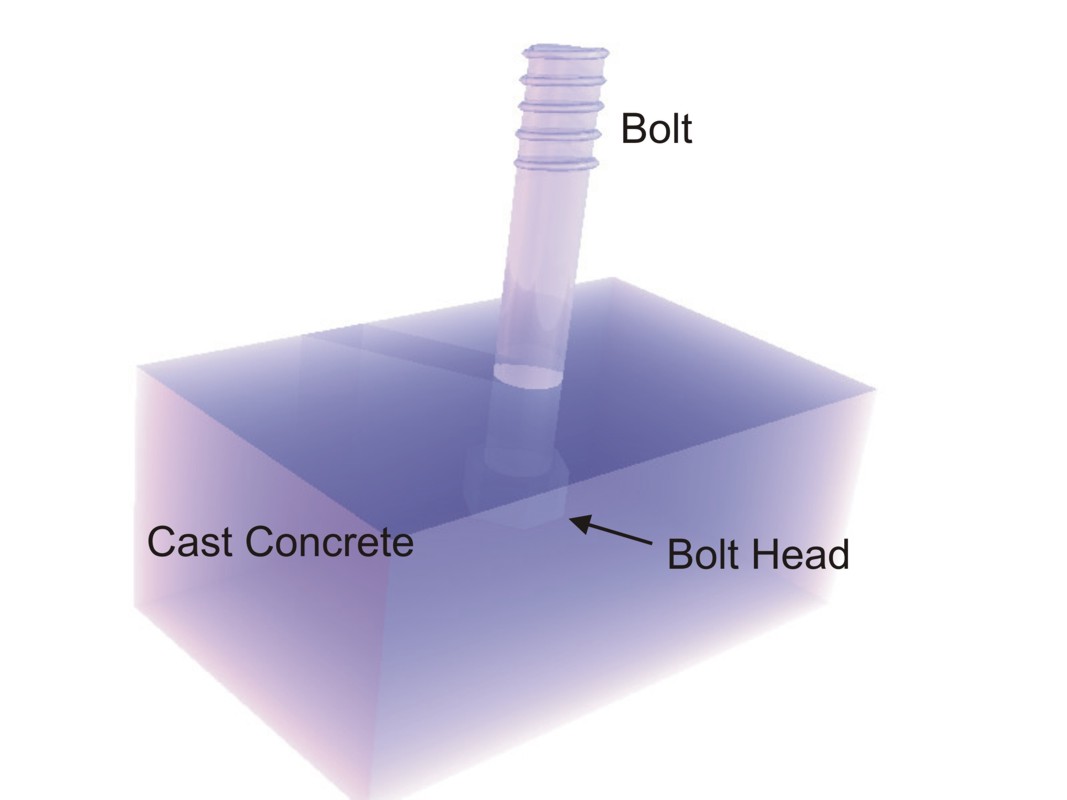 A cast-in-place anchor bolt embedded into a concrete foundation wall, ready to secure the wooden sill plate.