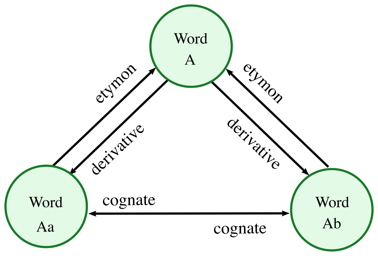 An etymological relations tree illustrating how modern words share historical ancestors, demonstrating how teaching root words can unlock broader vocabulary.