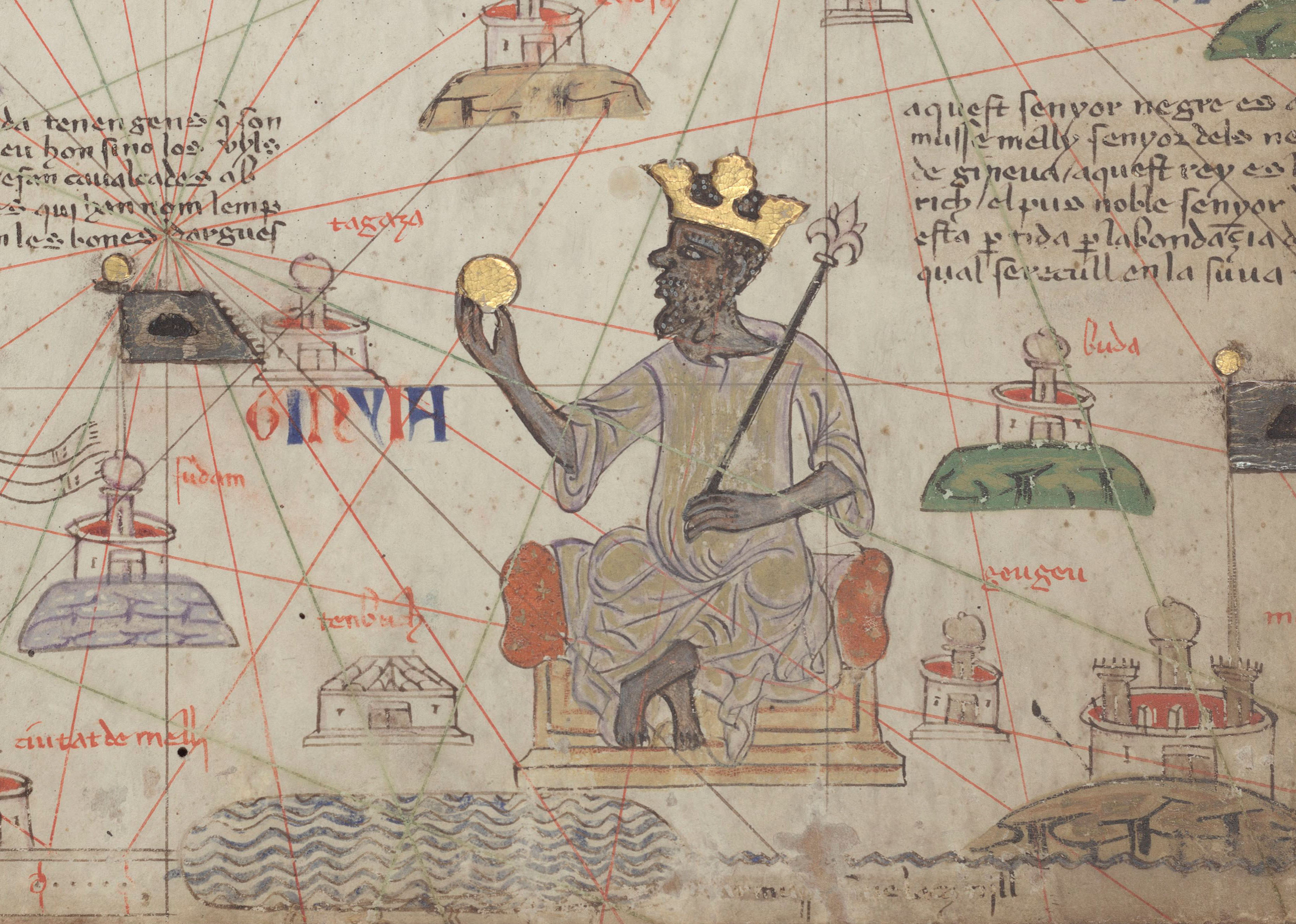 Mansa Musa, ruler of the Mali Empire, depicted holding a gold nugget in the 1375 Catalan Atlas. His famously lavish pilgrimage to Mecca highlighted the immense wealth generated by exchanging West African gold for North African salt.